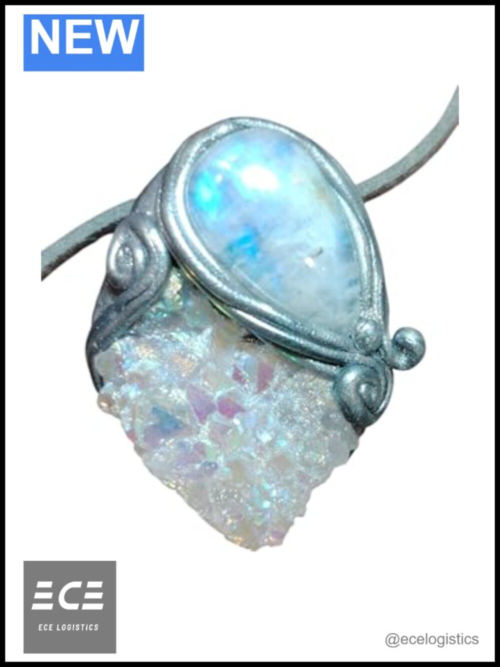 Hand Sculpted Guardian Angel Necklace Rainbow Moonstone Aura Quartz Pendant